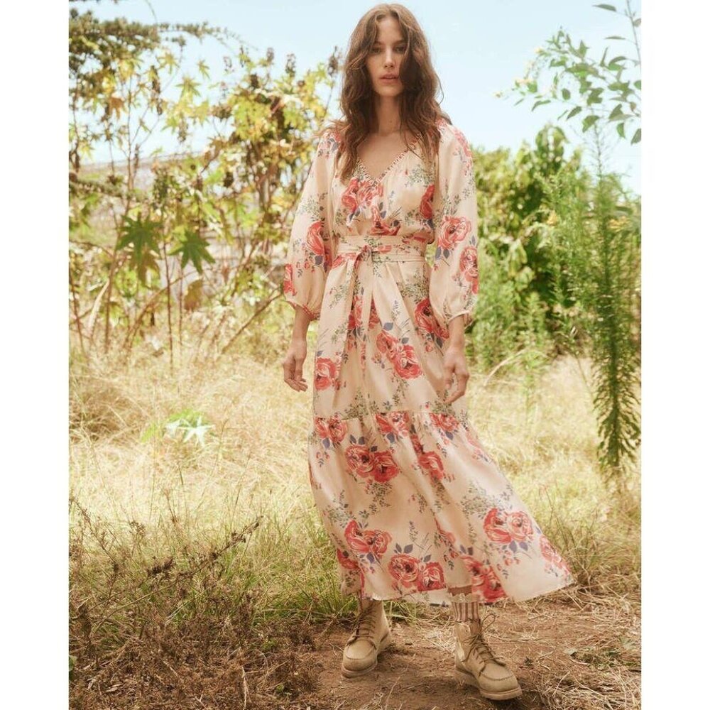 The Great. The Vestige Midi Dress Tiered Floral Blouson Sleeve Silk S 273781